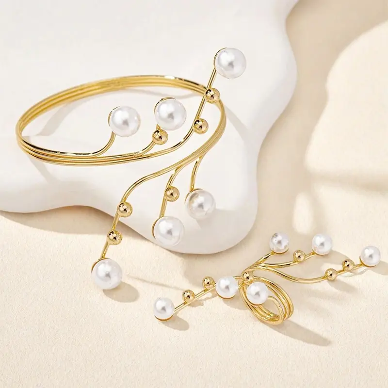 2025 Classic Gold Tiered Line Bracelet Ring Open White Pearl Ring Bracelet For Women Summer Beach Party Jewelry Gift Set