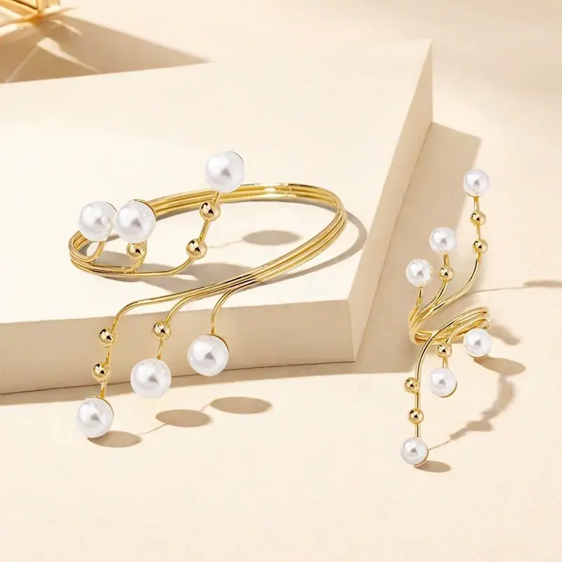 2025 Classic Gold Tiered Line Bracelet Ring Open White Pearl Ring Bracelet For Women Summer Beach Party Jewelry Gift Set