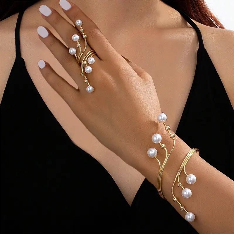 2025 Classic Gold Tiered Line Bracelet Ring Open White Pearl Ring Bracelet For Women Summer Beach Party Jewelry Gift Set
