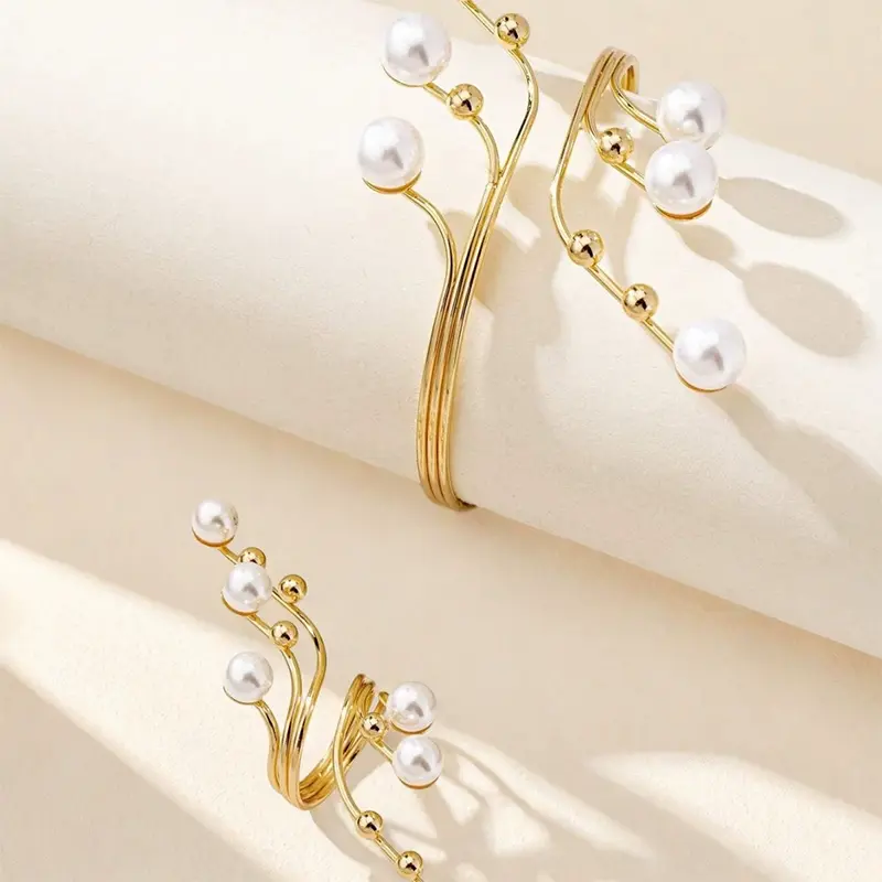 2025 Classic Gold Tiered Line Bracelet Ring Open White Pearl Ring Bracelet For Women Summer Beach Party Jewelry Gift Set