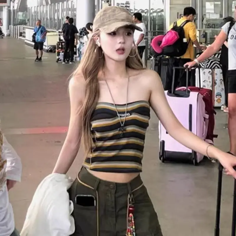 Retro Striped Tube Top Summer Sexy Y2K Strapless Sleeveless Slim Camisole For Women