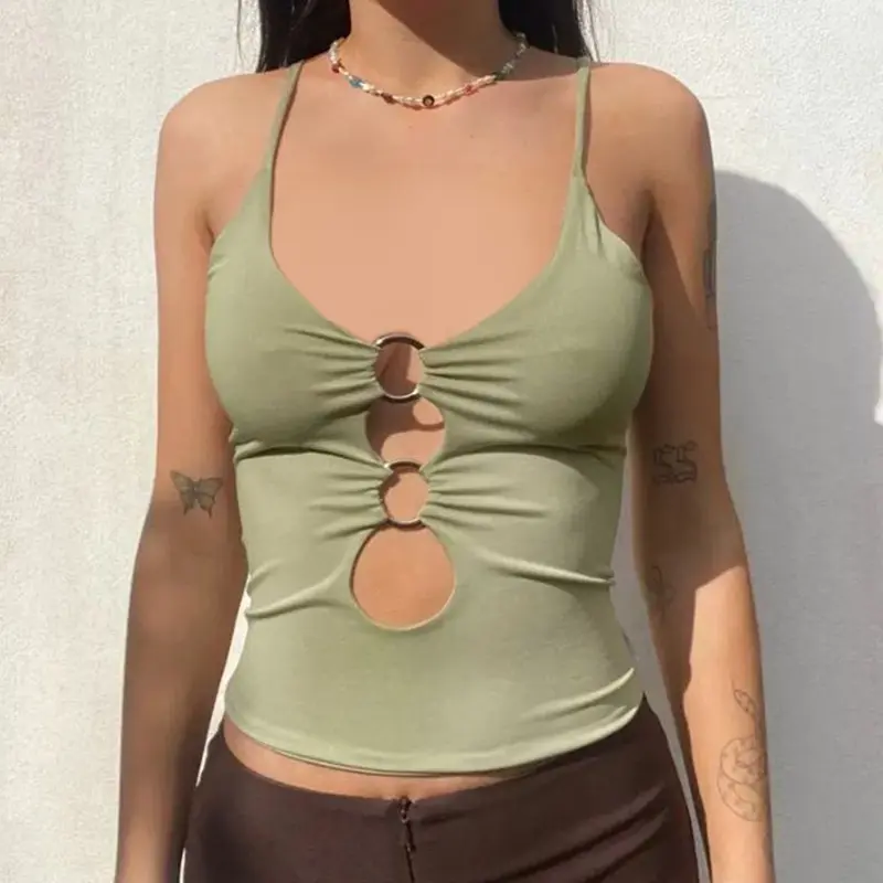 Summer Pure Desire Sexy Ring Hollow V-neck Sleeveless Slim Camisole For Women