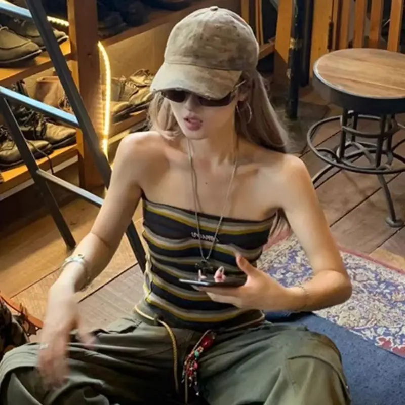 Retro Striped Tube Top Summer Sexy Y2K Strapless Sleeveless Slim Camisole For Women