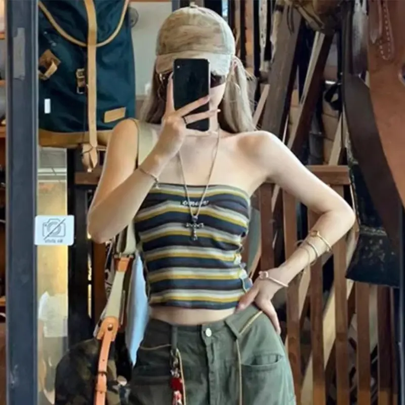 Retro Striped Tube Top Summer Sexy Y2K Strapless Sleeveless Slim Camisole For Women