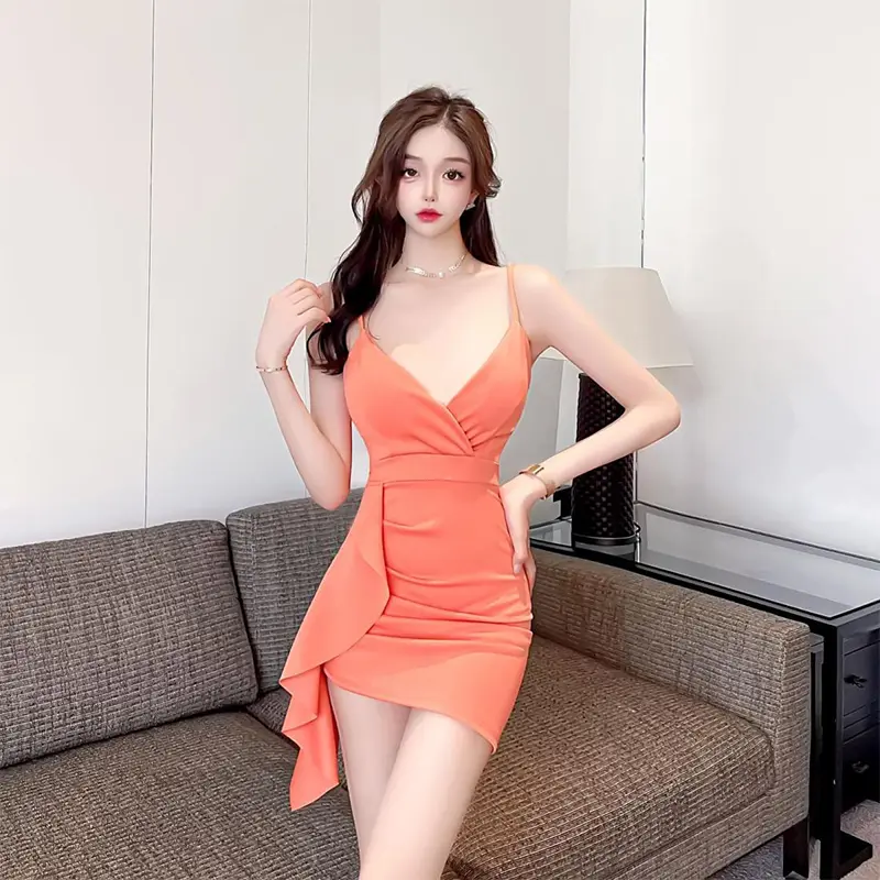 Sexy Slim Fit Low Cut V-Neck Strap Dress Mini Skirt Length Sleeveless Korean Style Base Layer Wrap Around Bodycon Dress
