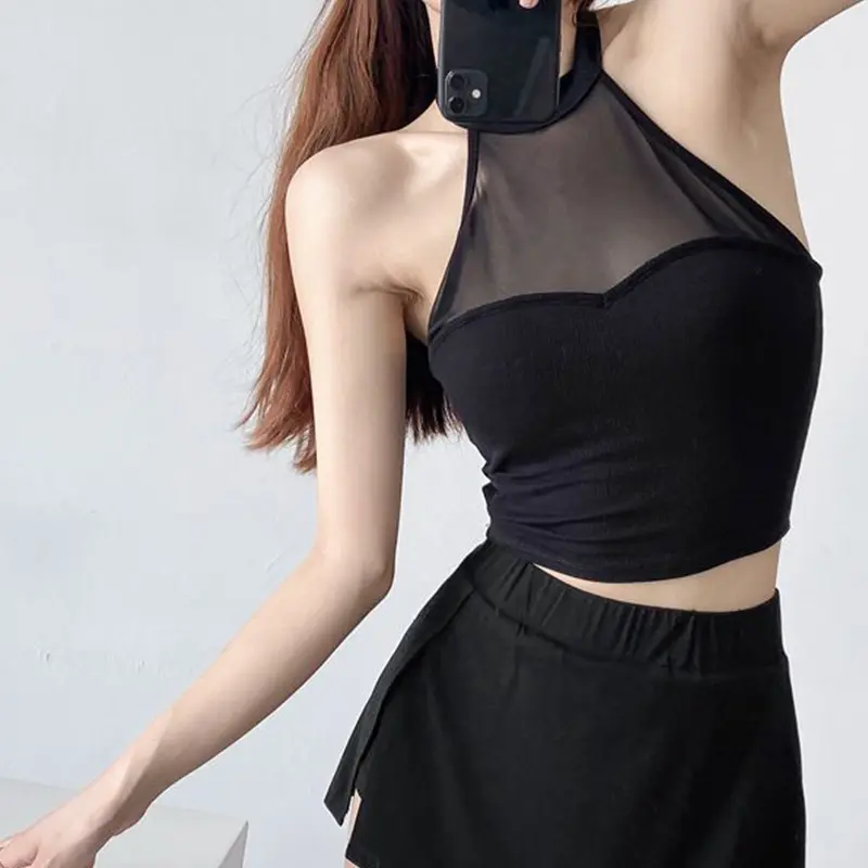 American Sexy Mesh Patchwork Halterneck Sleeveless Slim Camisole For Women