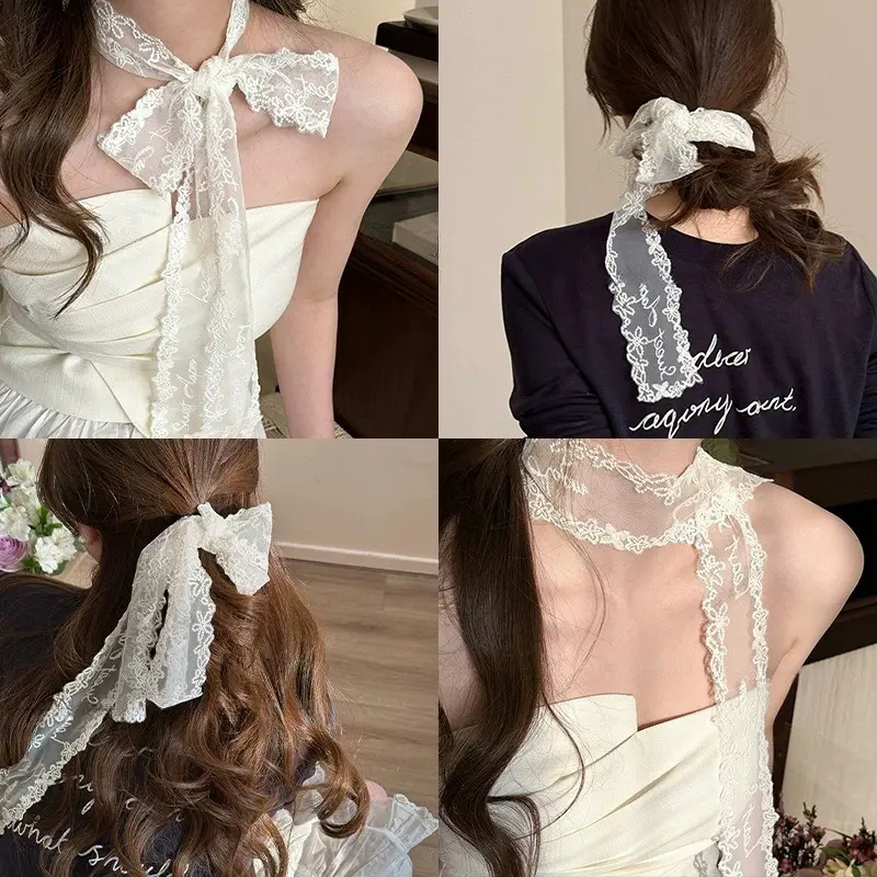 Women Long Floral Lace Scarf 180cm Bag Ribbon Headbands Choker Y2k Long Ribbon Scarf Decorative Neckerchief