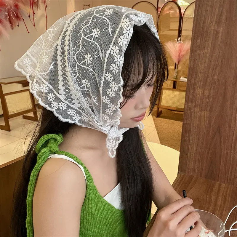 Vintage White Mesh Lace Flower Triangle Scarf Hair Band Hair Tie Hair Wrap Headband Cute Outing Hair Accessories