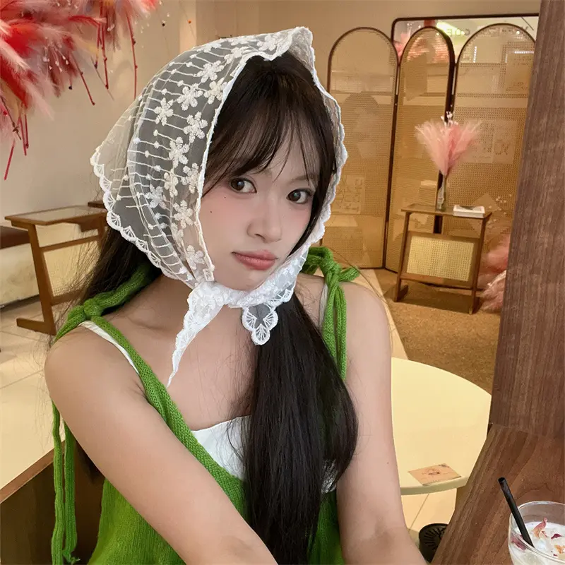 Vintage White Mesh Lace Flower Triangle Scarf Hair Band Hair Tie Hair Wrap Headband Cute Outing Hair Accessories