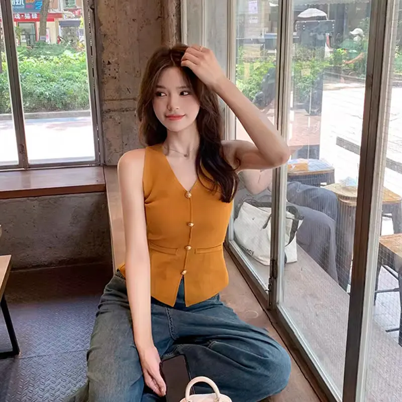 V-Neck Knitted Camisole Women Summer Single-Breasted All-Match Solid Casual Sleeveless Top
