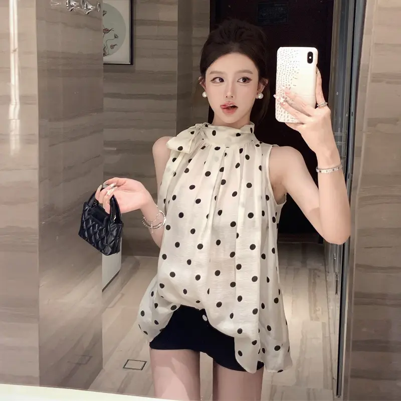 French Hepburn Style Elegant Black And White Polka Dot Tops Women Bow Tie Ladies Shirt