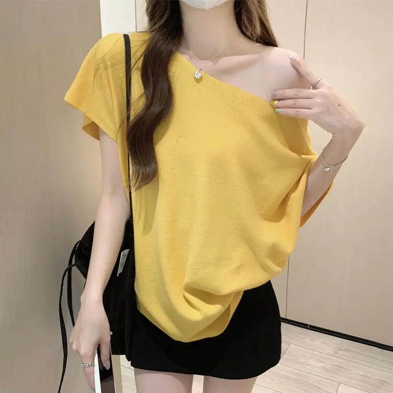 Fashion Casual Loose Oblique Shoulder Elastic Sexy Off-Shoulder One-Shoulder Knitted T-Shirt