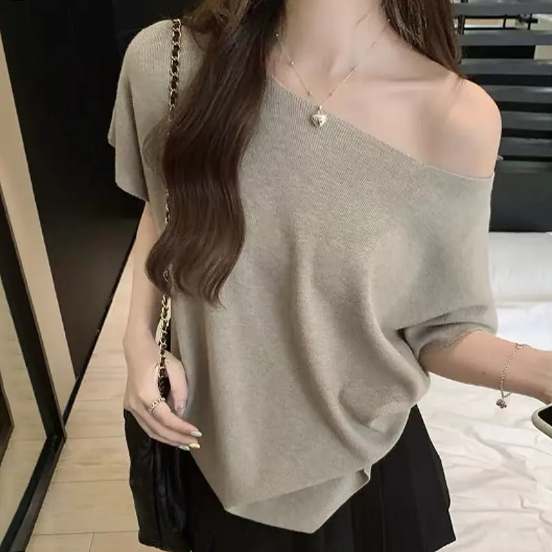 Fashion Casual Loose Oblique Shoulder Elastic Sexy Off-Shoulder One-Shoulder Knitted T-Shirt