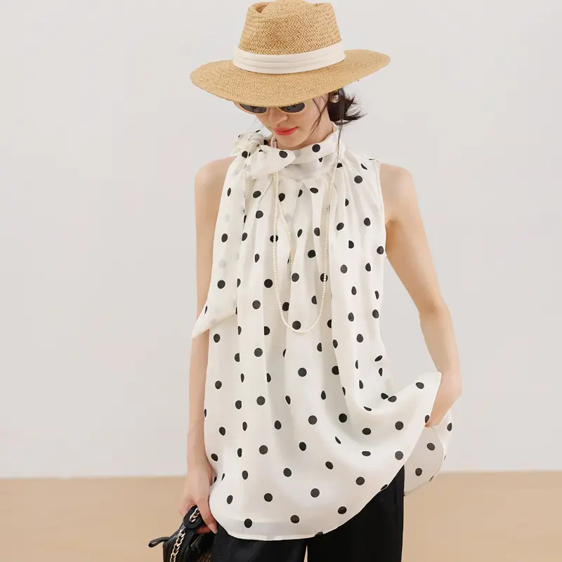 French Hepburn Style Elegant Black And White Polka Dot Tops Women Bow Tie Ladies Shirt