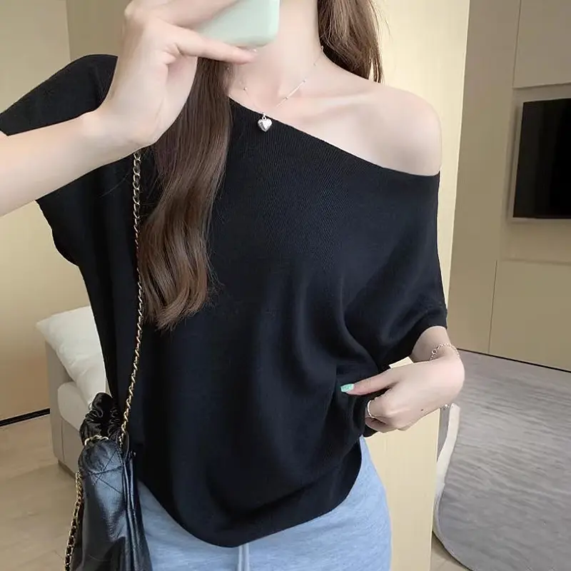 Fashion Casual Loose Oblique Shoulder Elastic Sexy Off-Shoulder One-Shoulder Knitted T-Shirt