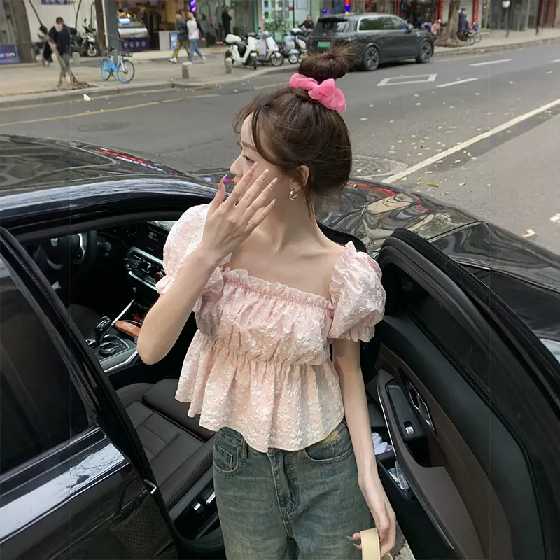 Square Collar Ruffled Puff Sleeve Shirt Women's Summer Stylish Short Jacquard Top