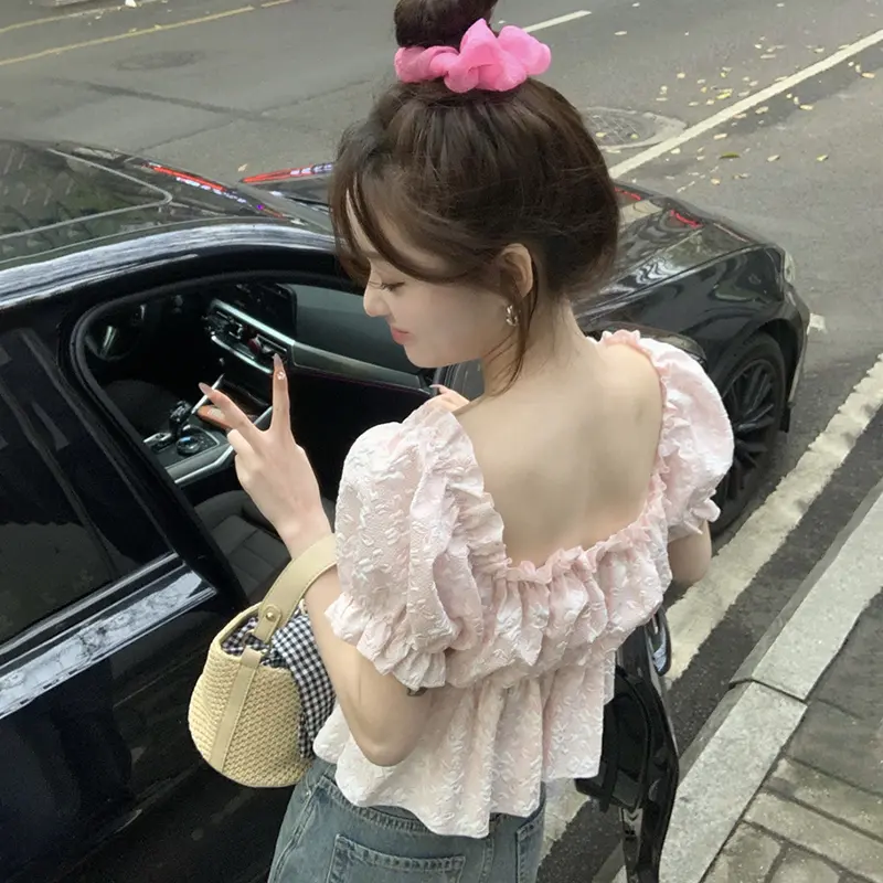 Square Collar Ruffled Puff Sleeve Shirt Women's Summer Stylish Short Jacquard Top