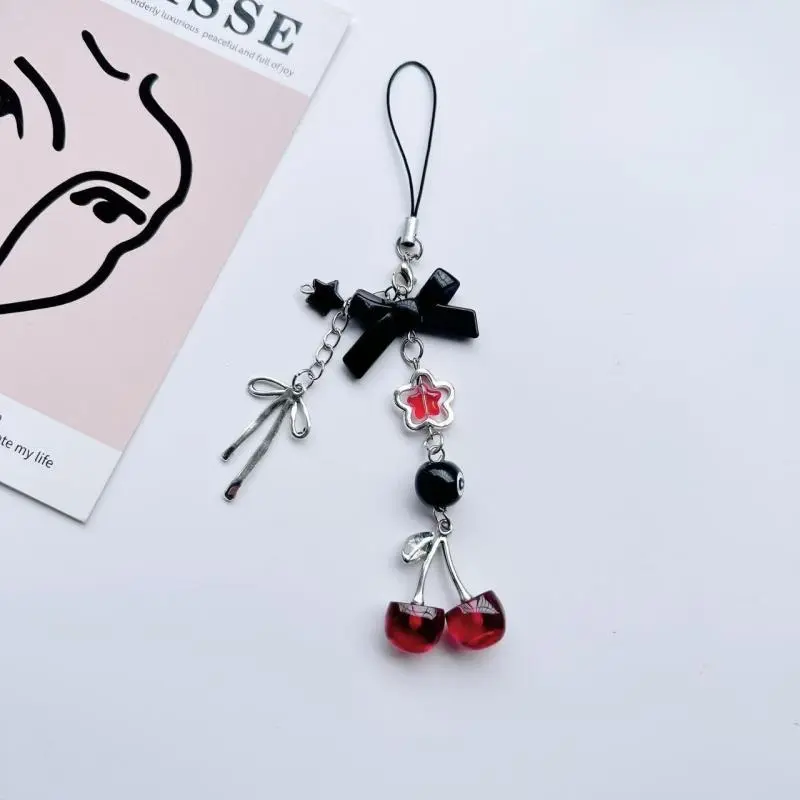 1 Piece Charms Red Cherry Bow Phone Chain Key Ring Y2K Bag Pendant Keychain Accessory Girlfriend Gift