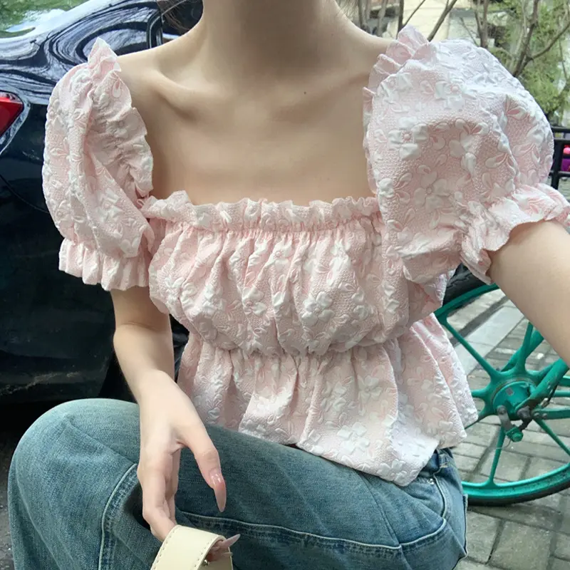Square Collar Ruffled Puff Sleeve Shirt Women's Summer Stylish Short Jacquard Top