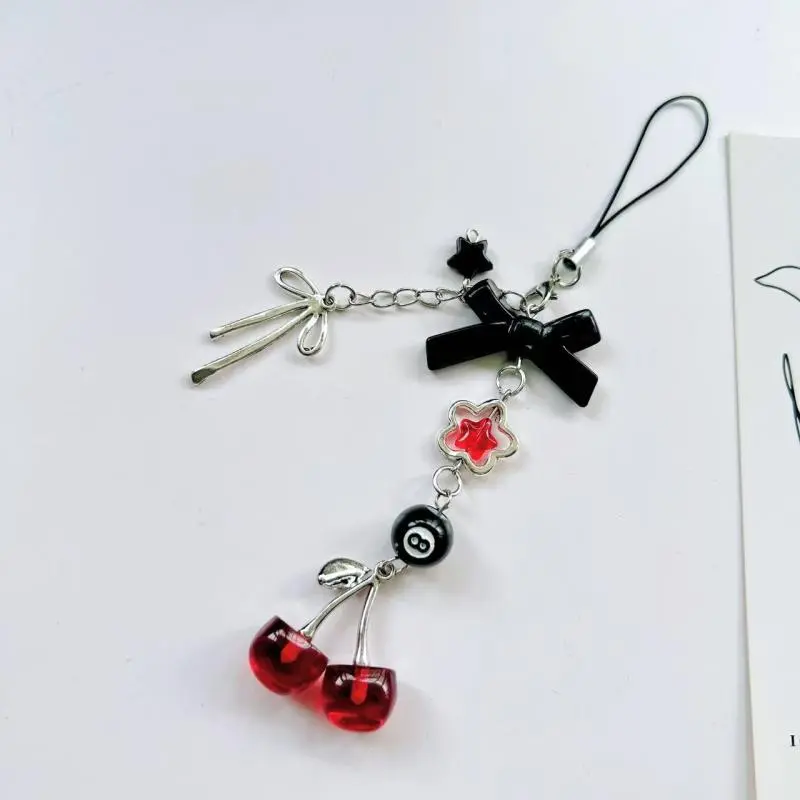 1 Piece Charms Red Cherry Bow Phone Chain Key Ring Y2K Bag Pendant Keychain Accessory Girlfriend Gift