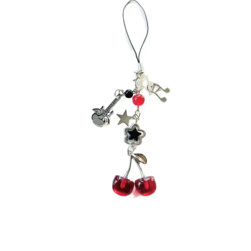 1 Piece Charms Red Cherry Bow Phone Chain Key Ring Y2K Bag Pendant Keychain Accessory Girlfriend Gift