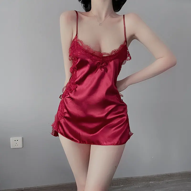 Sexy Lingerie With Split Suspender Hollow Out Nightgown Satin Short Skirt Lace
