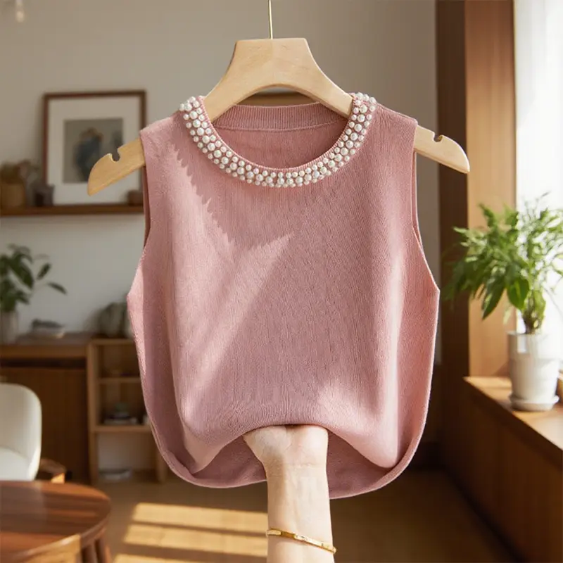 Women's Suit Inner Beaded Sleeveless Knitted Sweater Top Camisole