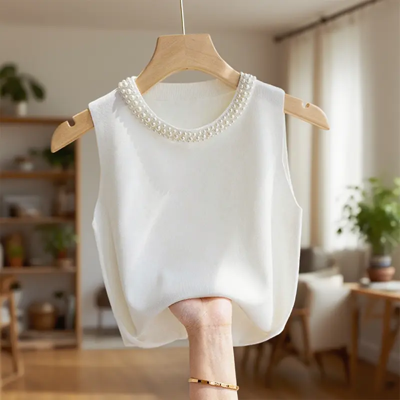 Women's Suit Inner Beaded Sleeveless Knitted Sweater Top Camisole