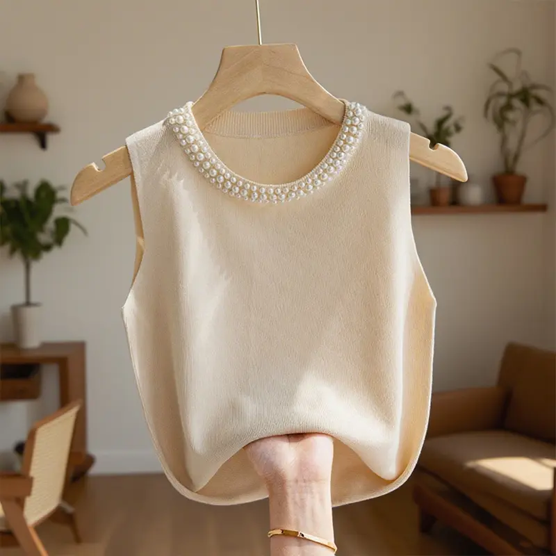 Women's Suit Inner Beaded Sleeveless Knitted Sweater Top Camisole