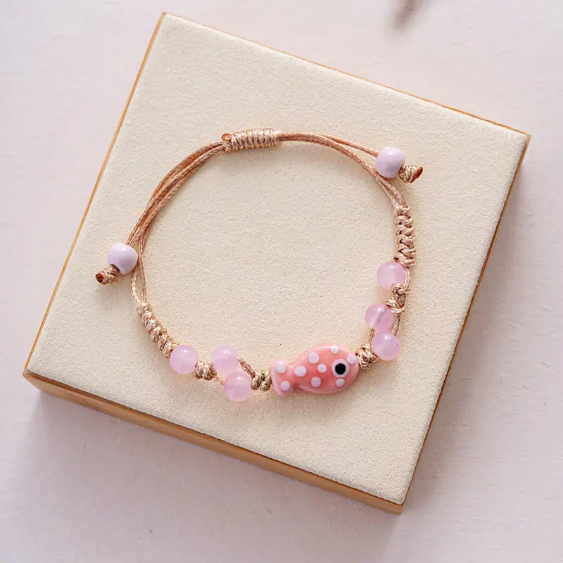 Handcrafted Ceramic Fish Charm Bracelet with Adjustable Rope for Women, Ideal Beaded Bangle for Holiday Gifts and Girls