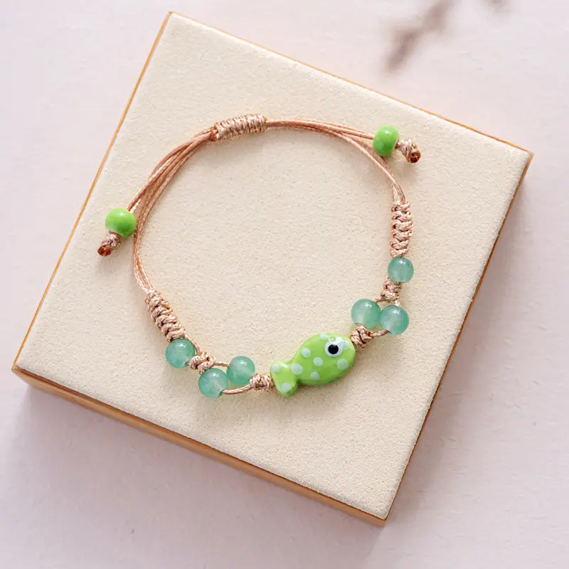 Handcrafted Ceramic Fish Charm Bracelet with Adjustable Rope for Women, Ideal Beaded Bangle for Holiday Gifts and Girls
