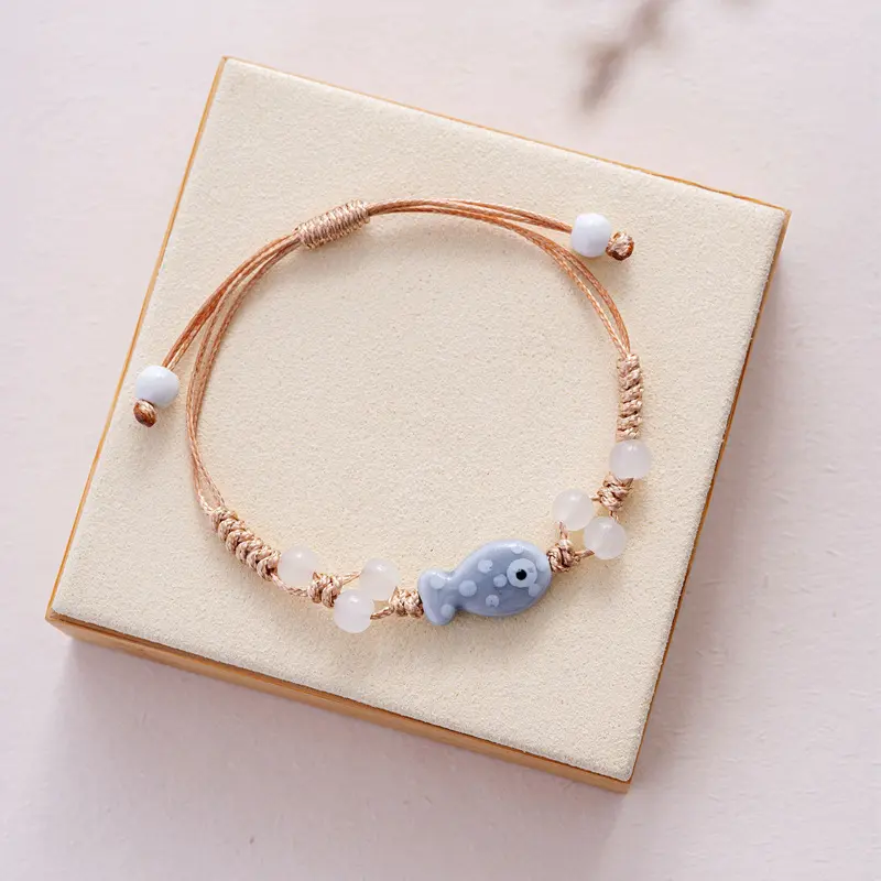 Handcrafted Ceramic Fish Charm Bracelet with Adjustable Rope for Women, Ideal Beaded Bangle for Holiday Gifts and Girls