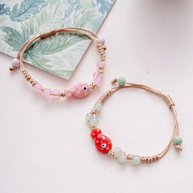 Handcrafted Ceramic Fish Charm Bracelet with Adjustable Rope for Women, Ideal Beaded Bangle for Holiday Gifts and Girls