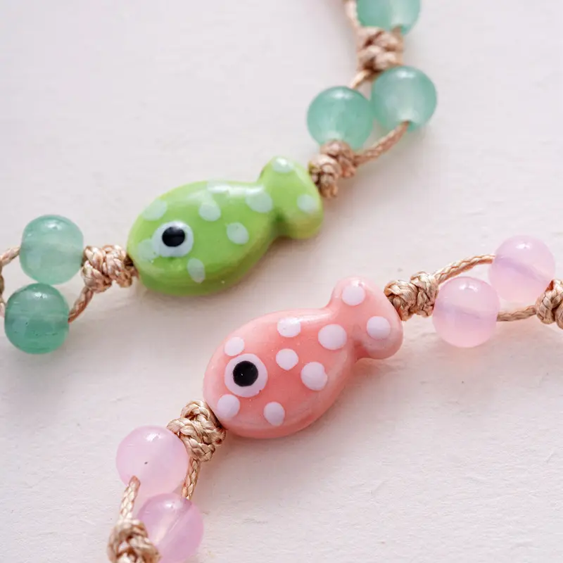 Handcrafted Ceramic Fish Charm Bracelet with Adjustable Rope for Women, Ideal Beaded Bangle for Holiday Gifts and Girls