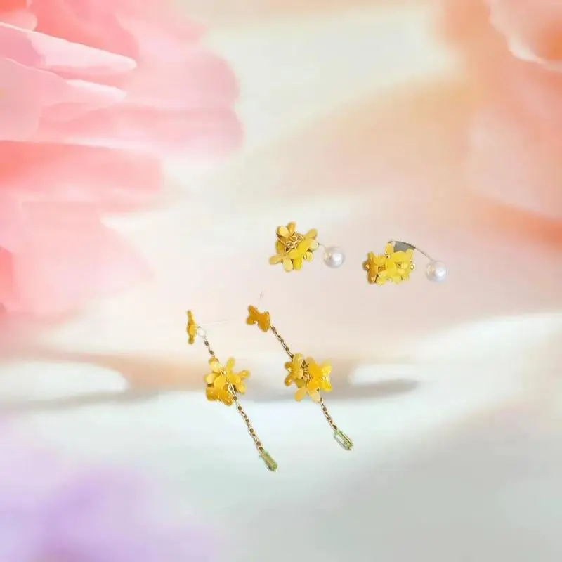 Women's Elegant Yellow Osmanthus Tassel Earrings, Long Floral Pearl Drops Statement Jewelry