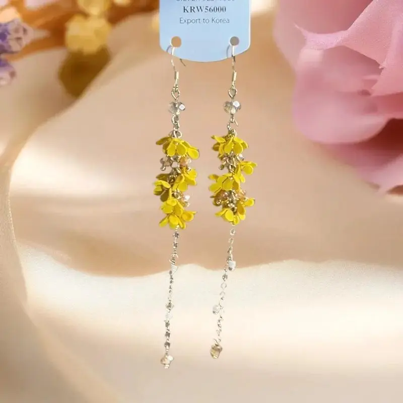 Women's Elegant Yellow Osmanthus Tassel Earrings, Long Floral Pearl Drops Statement Jewelry