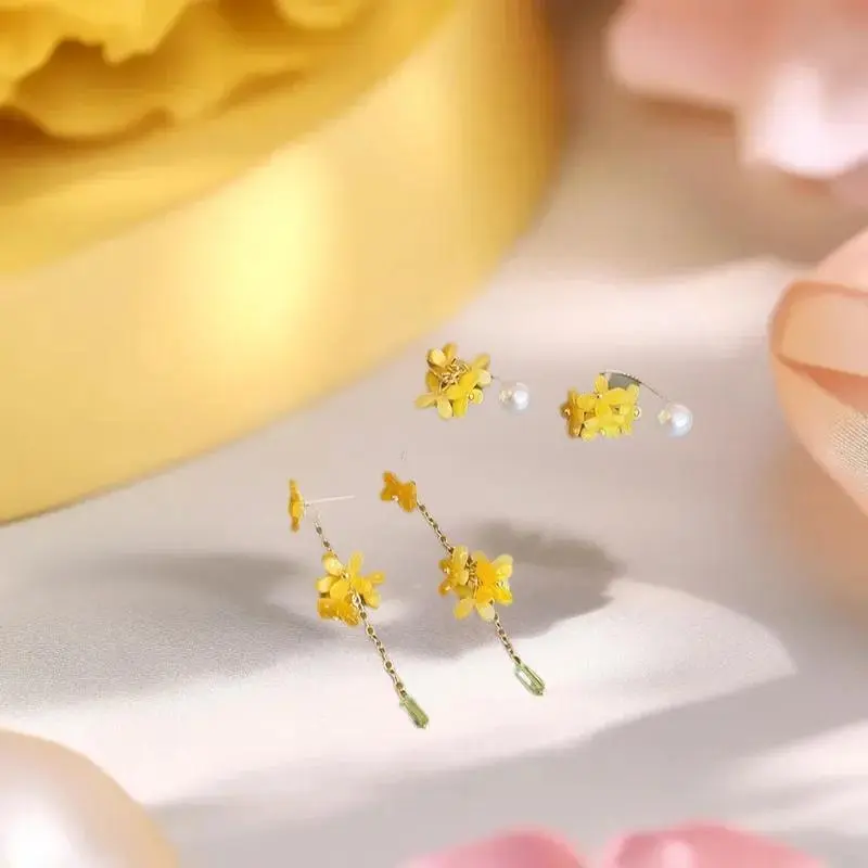 Women's Elegant Yellow Osmanthus Tassel Earrings, Long Floral Pearl Drops Statement Jewelry