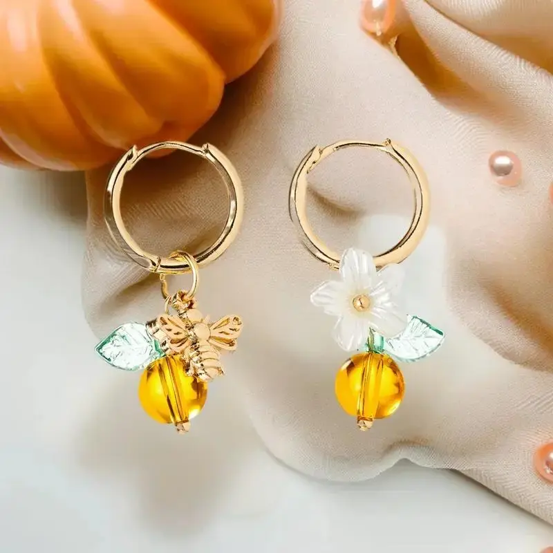 Fashionable Orange Fruit Honey Bee Hoop Earrings For Women Ear Buckle Suitable For Wearing Jewelry Gifts