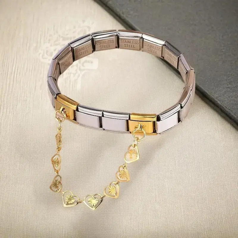 Fashion Women Stainless Steel Heart Chain Italian Charms Link Buckle Fit 9mm Bracelet DIY Jewelry Accessories