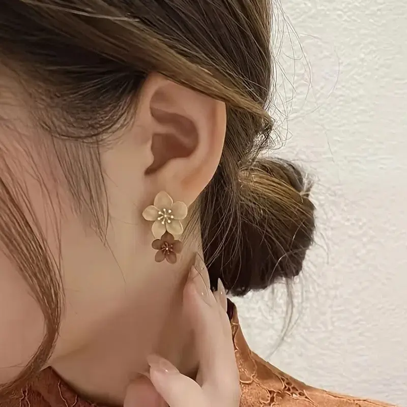 Brown Two Color Flower Drop Dangle Earrings For Women Korean Fashion Jewelry Wedding Party Girl Elegant Jewelry Accessories