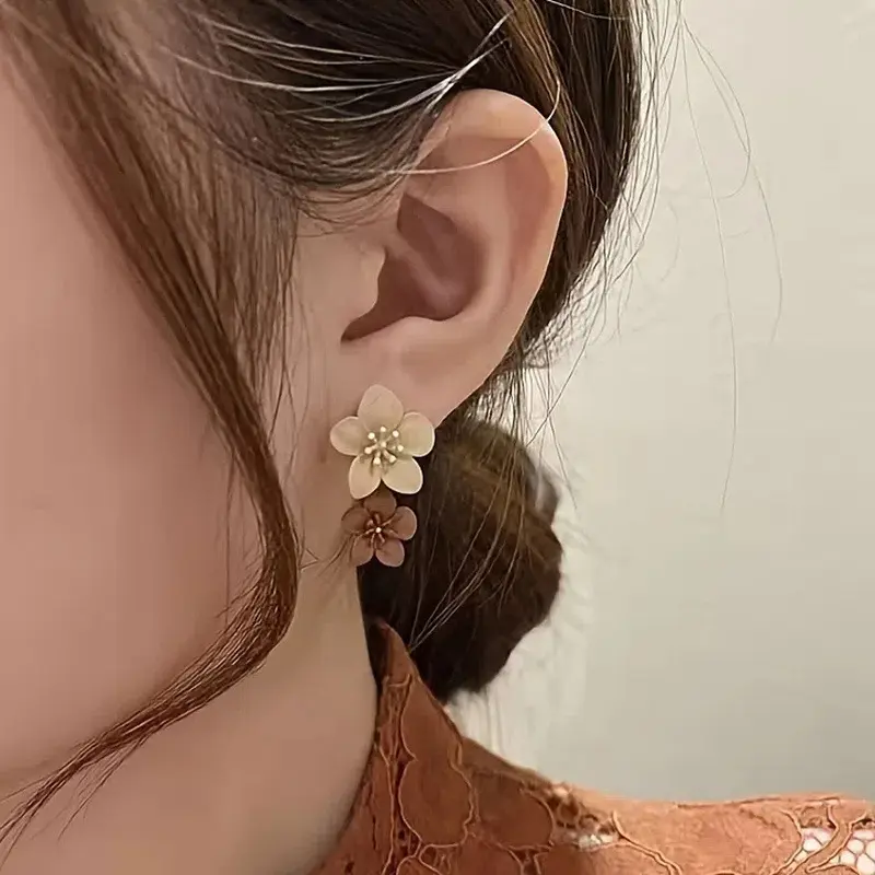 Brown Two Color Flower Drop Dangle Earrings For Women Korean Fashion Jewelry Wedding Party Girl Elegant Jewelry Accessories