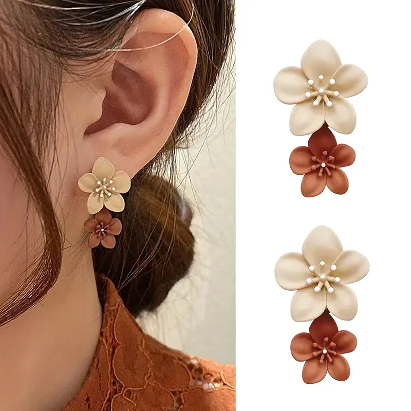 Brown Two Color Flower Drop Dangle Earrings For Women Korean Fashion Jewelry Wedding Party Girl Elegant Jewelry Accessories