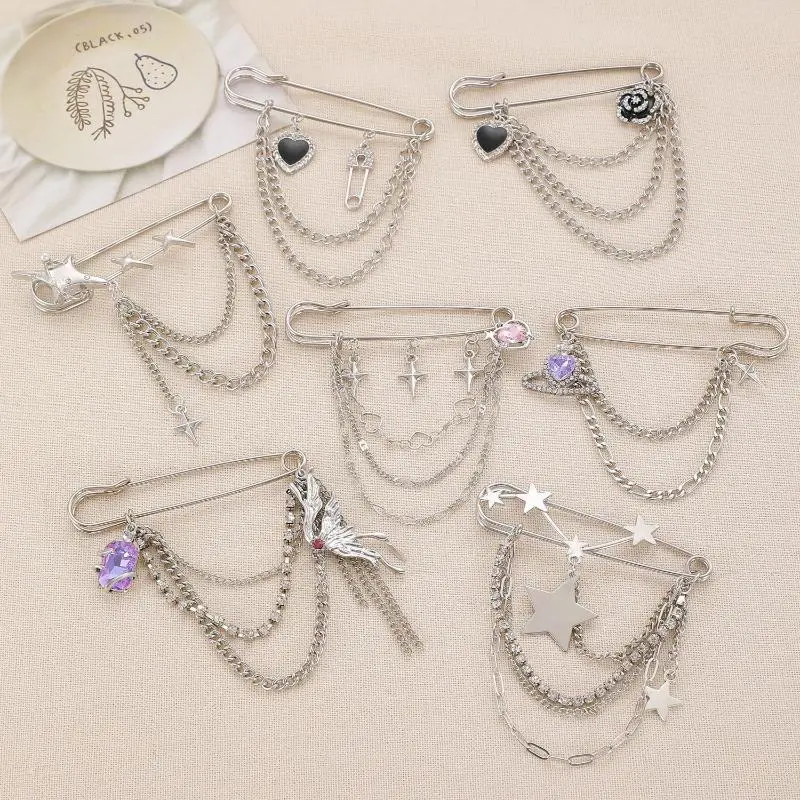 Punk Tassel Brooch Love Butterfly Chain Paper Clip Multi Element Retro Pants Chain Cool Hip-Hop Gothic Brooches Accessories