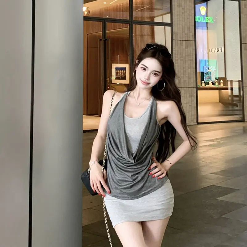 Spliced ​​Fake Two-piece Halter Summer Contrast Color Sheath Design Hip-Wrapped Short Dress