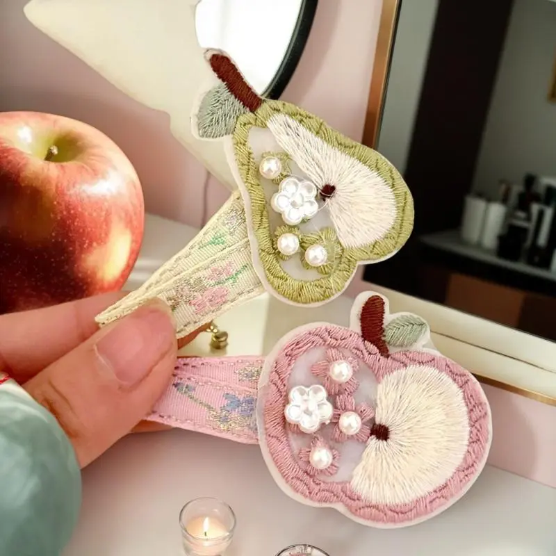 Unique Pear Shaped Hairpin with Embroidered Fabric; Cute Fresh Fruit Hair Accessory for Girls