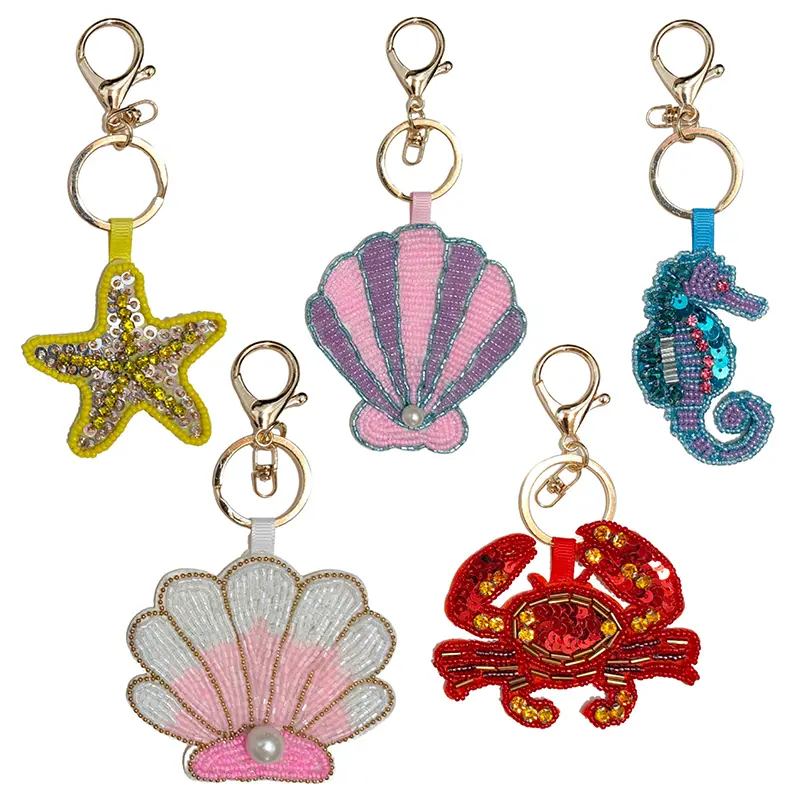 Decorative Sequin Embellished Crab, Shell, Conch, and Starfish Keychain with Rhinestones for Bag