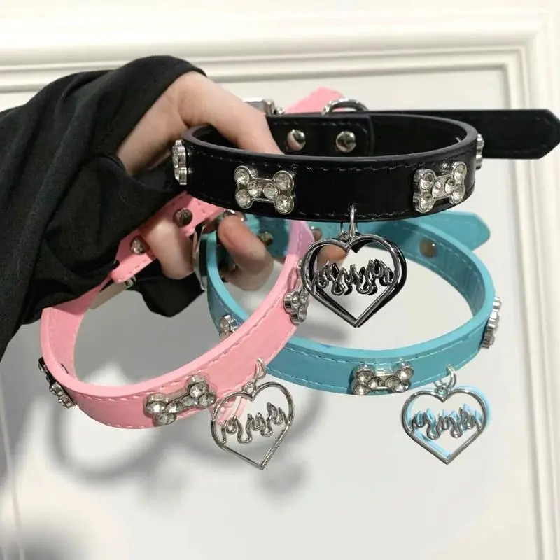 Trendy Y2K Style Rhinestones Dog Bone Chic Hollow Heart Charm Choker; Punk-inspired PU Leather Neckwear