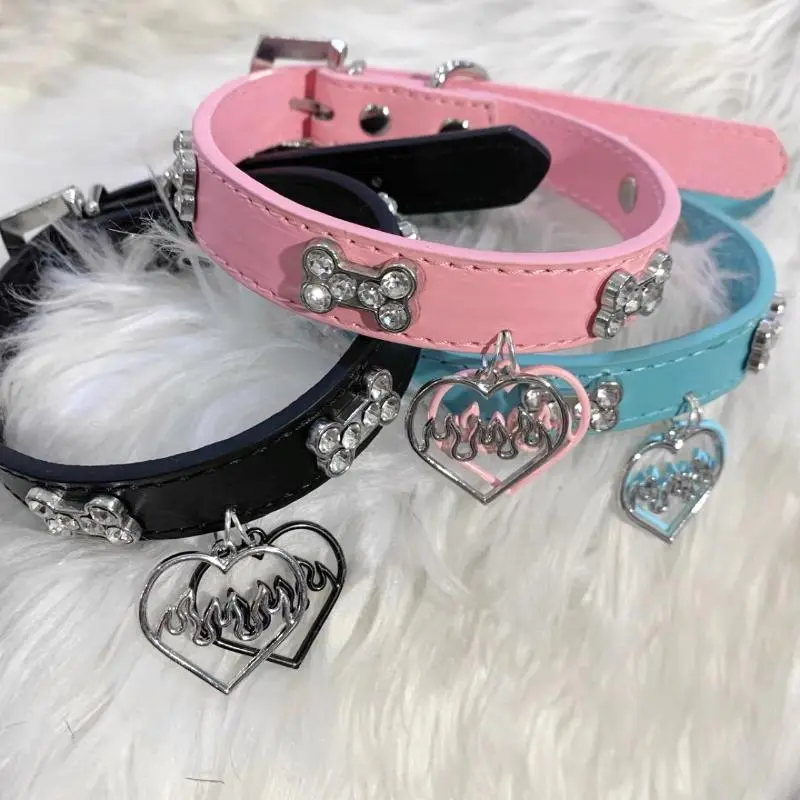 Trendy Y2K Style Rhinestones Dog Bone Chic Hollow Heart Charm Choker; Punk-inspired PU Leather Neckwear