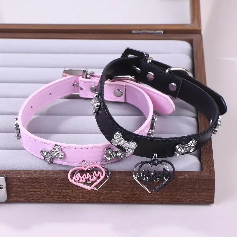 Trendy Y2K Style Rhinestones Dog Bone Chic Hollow Heart Charm Choker; Punk-inspired PU Leather Neckwear