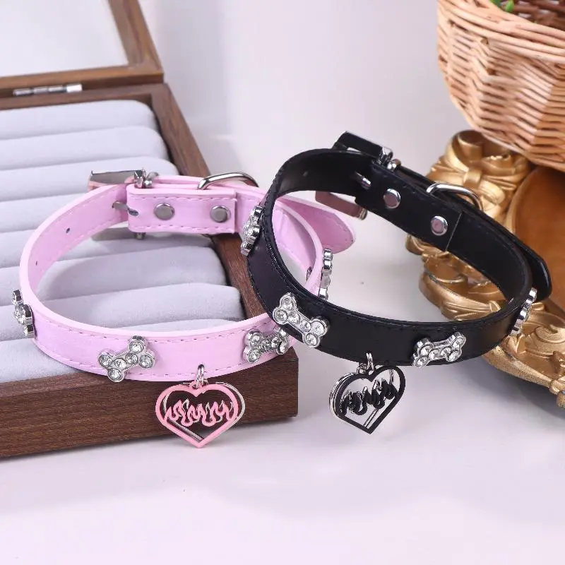 Trendy Y2K Style Rhinestones Dog Bone Chic Hollow Heart Charm Choker; Punk-inspired PU Leather Neckwear